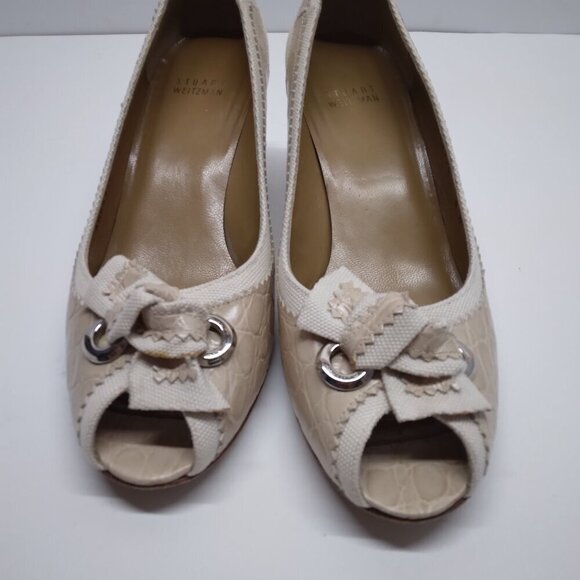 Stuart Weitzman Croc Embossed Peep Toe Knot Heels Size 9M - Picture 6 of 16